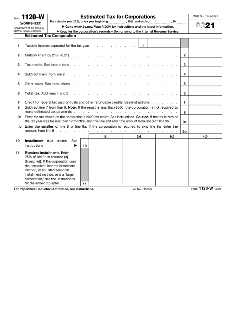 2021 Form 1120 W Worksheet Estimated Tax For Corporations 